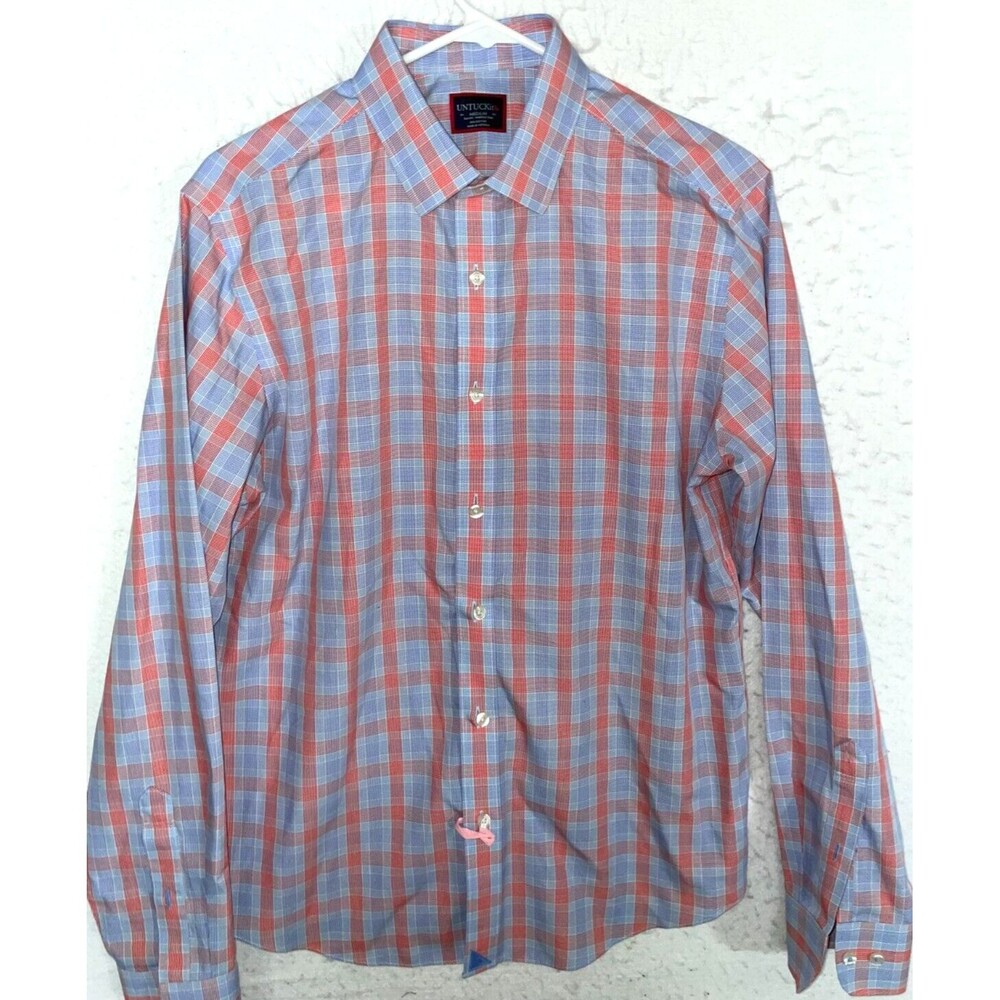 UNTUCKIT Men's M Pink Blue Plaid Shirt Slim Fit Wrinkle Free 100% Cotton